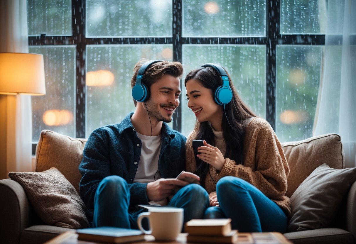 A young couple sitting together on a sofa by a window with rain outside, sharing headphones and enjoying a podcast.