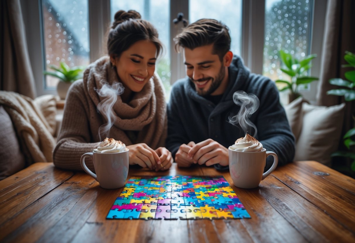 A couple sitting at a table doing a puzzle and drinking hot cocoa next to a rainy window.