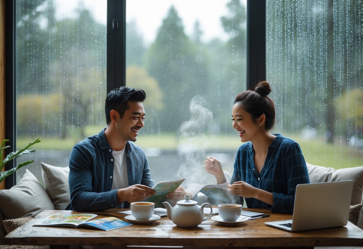 A couple sitting at a table by a rainy window, planning a vacation with tea and travel materials.