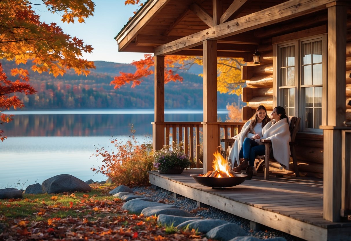 A couple relaxing on the porch of a cozy cabin surrounded by autumn trees overlooking a calm lake in New Hampshire.