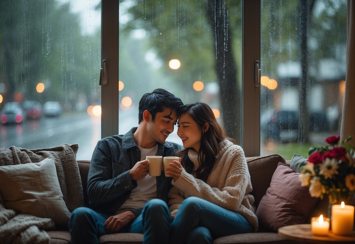 A couple sitting together on a sofa by a window with rain falling outside, sharing a warm drink and smiling.