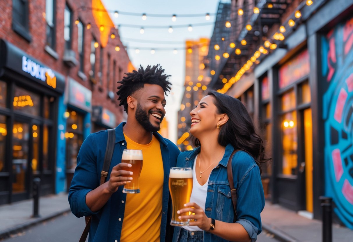 A couple walking and enjoying craft beers together on a lively Brooklyn street with brick buildings and colorful murals.