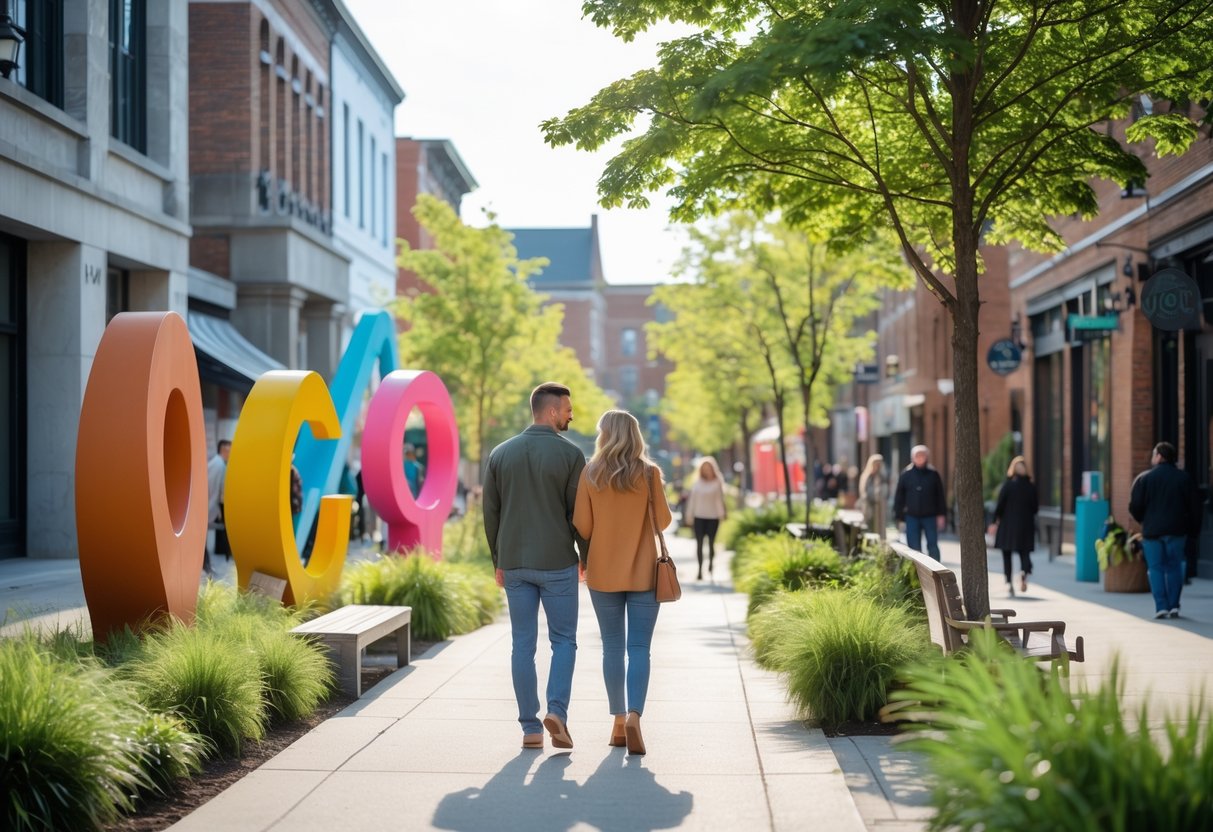 A couple walking and admiring outdoor sculptures on a pedestrian path in a city art district with buildings and trees around.