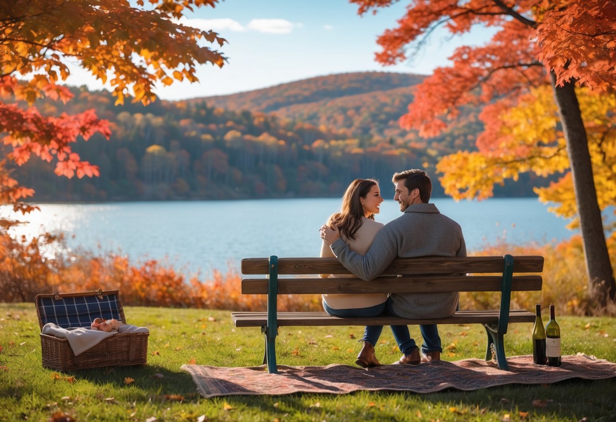 A couple sitting on a wooden bench by a lake surrounded by colorful autumn trees, holding hands and smiling.