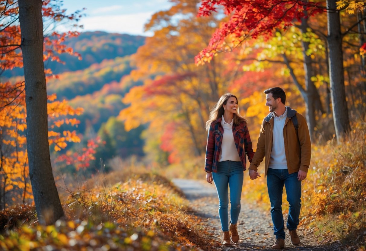 A young couple hiking on a forest trail surrounded by colorful autumn leaves in New Hampshire.