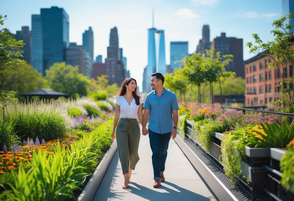 A couple walking hand in hand through a green elevated park with city buildings in the background.