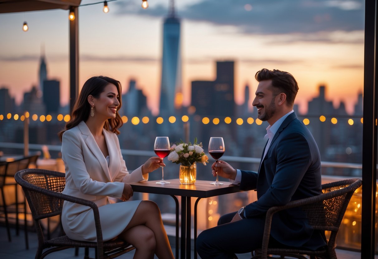 A couple enjoying wine together at a rooftop bar with the New York City skyline in the background during sunset.