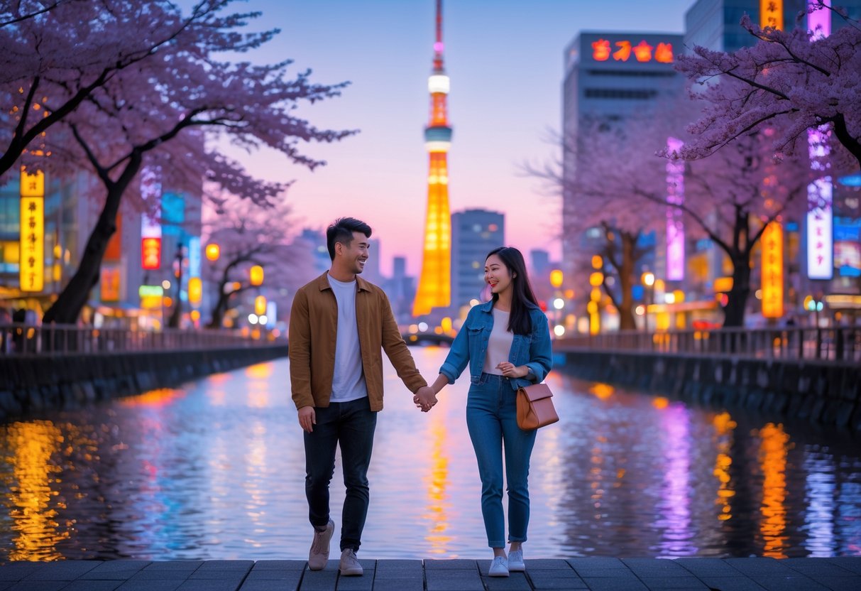 A young couple holding hands and walking along the illuminated Sumida River in Tokyo with cherry blossoms and the Tokyo Skytree in the background at night.