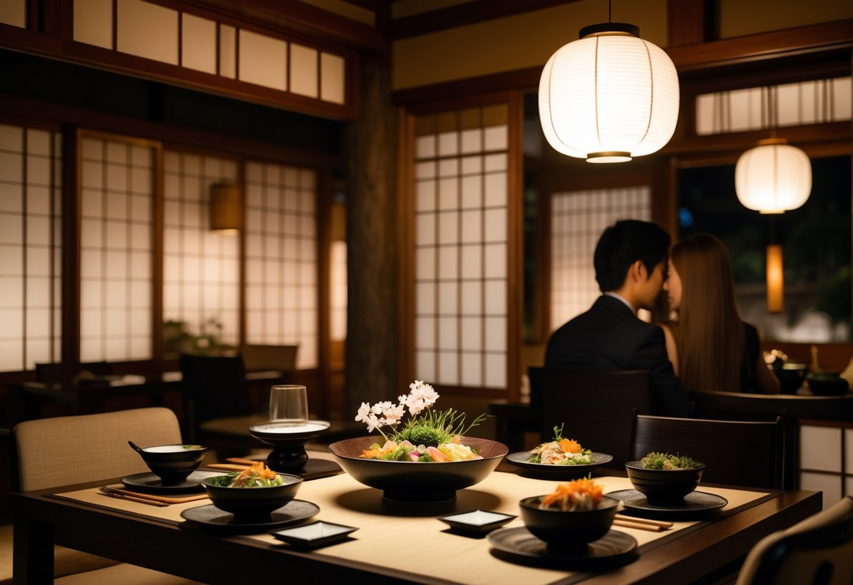 A couple enjoying a romantic dinner at a traditional Japanese restaurant with an elegantly set table featuring kaiseki dishes and warm ambient lighting.