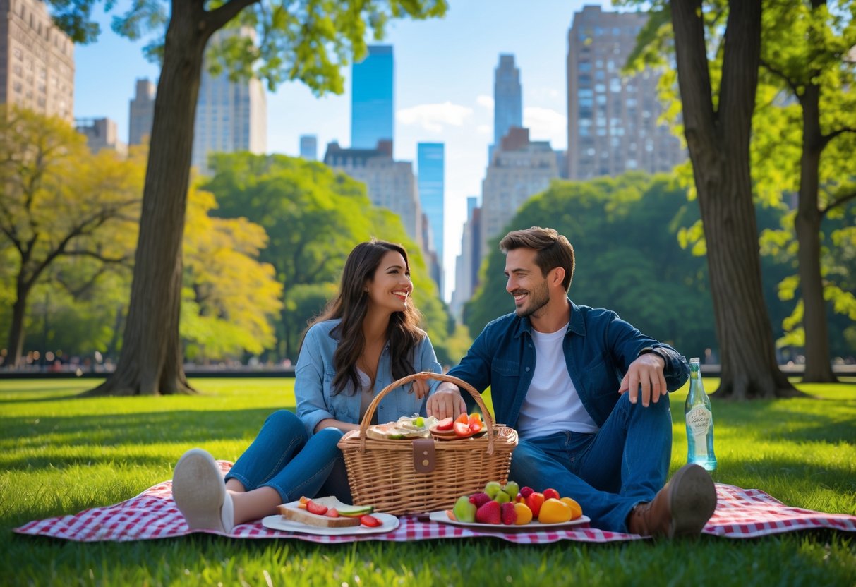A young couple having a picnic on a blanket in a green park with trees and city buildings in the background.
