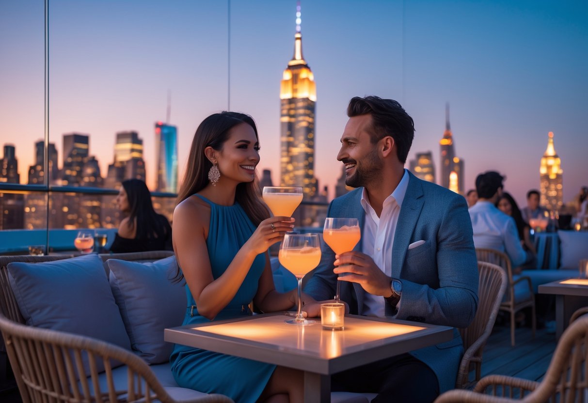 A couple enjoying drinks on a rooftop bar with the New York City skyline in the background at twilight.