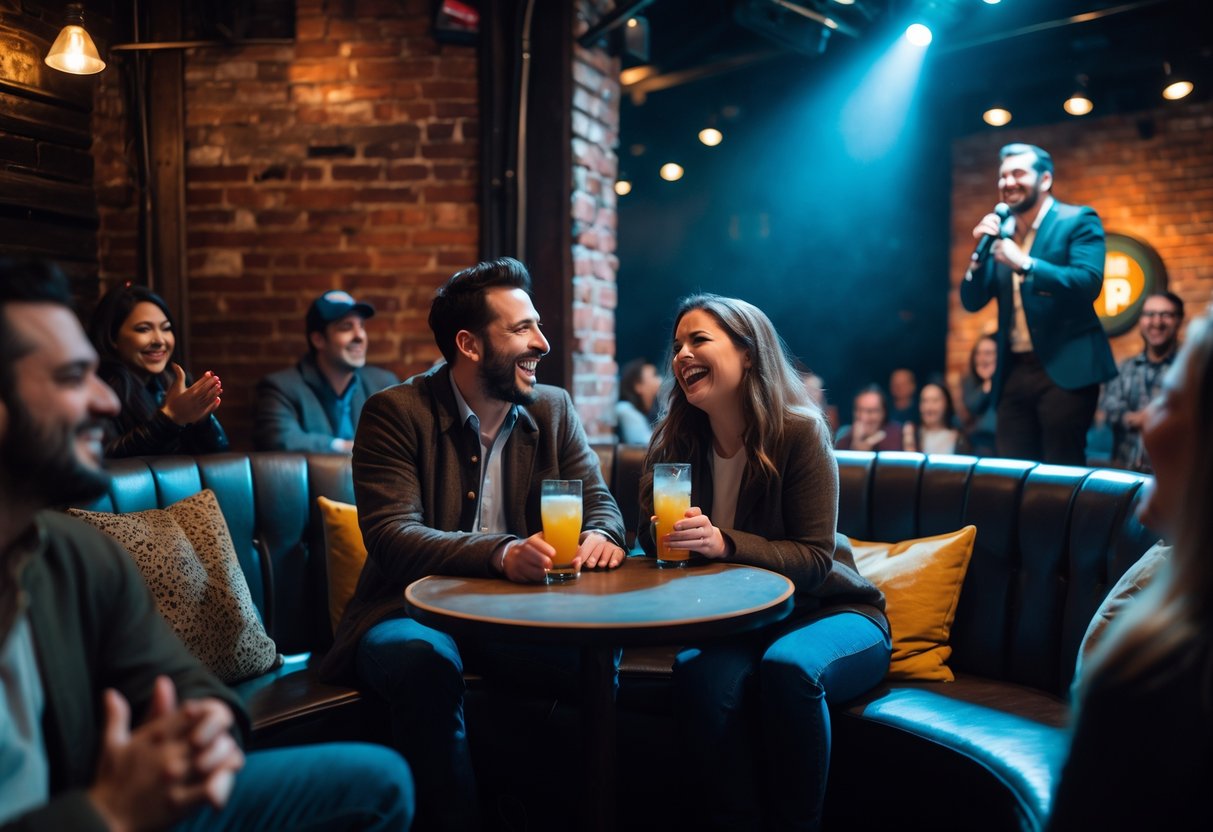 A couple laughing and enjoying a comedy show inside a cozy comedy club with a comedian performing on stage.