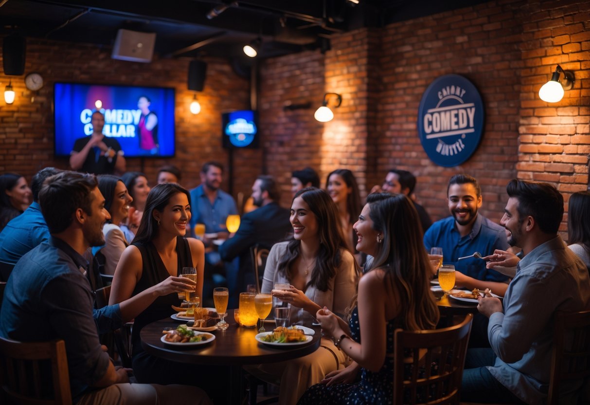 Couples enjoying a comedy show at a cozy club with a comedian performing on stage.