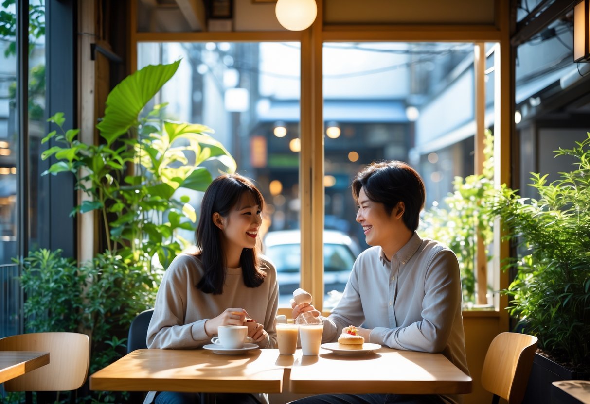 A young couple enjoying coffee together at a cozy cafe table with plants and windows in the background.