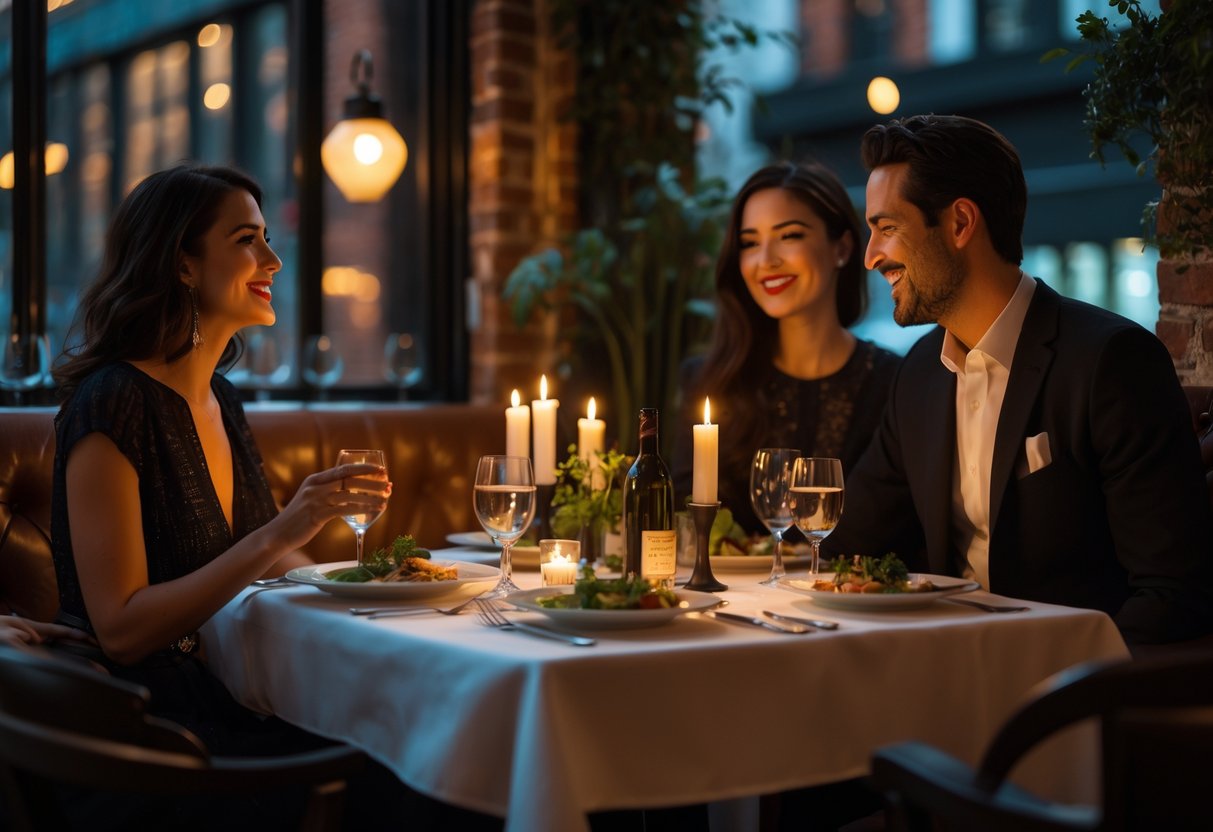 A couple enjoying a cozy dinner at a warmly lit restaurant table with Italian dishes in New York City.