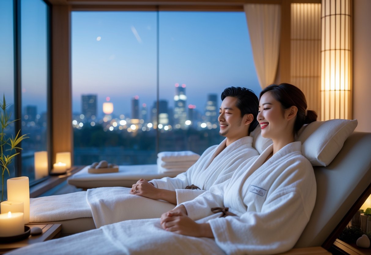A couple in white robes relaxing together in a modern spa room with Japanese decor and a city view.
