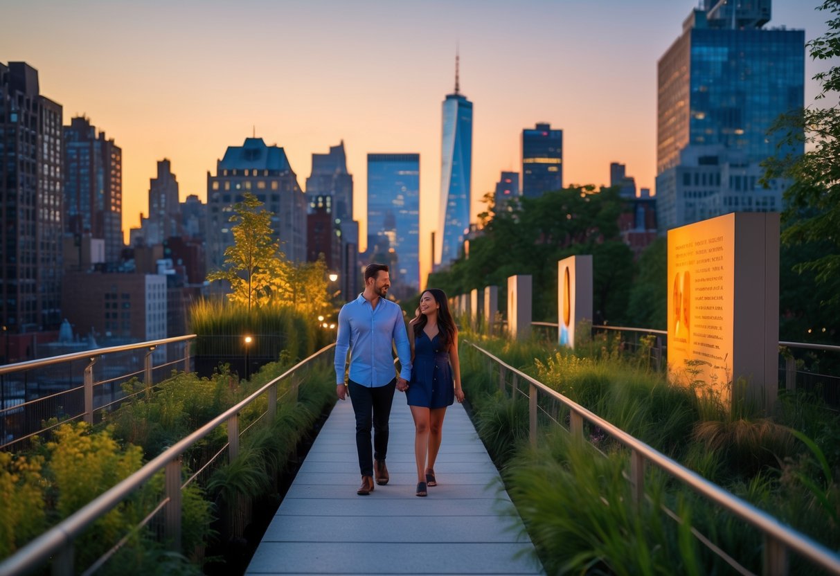 A couple walking hand-in-hand along a green elevated park path with city buildings and art installations in the background at sunset.