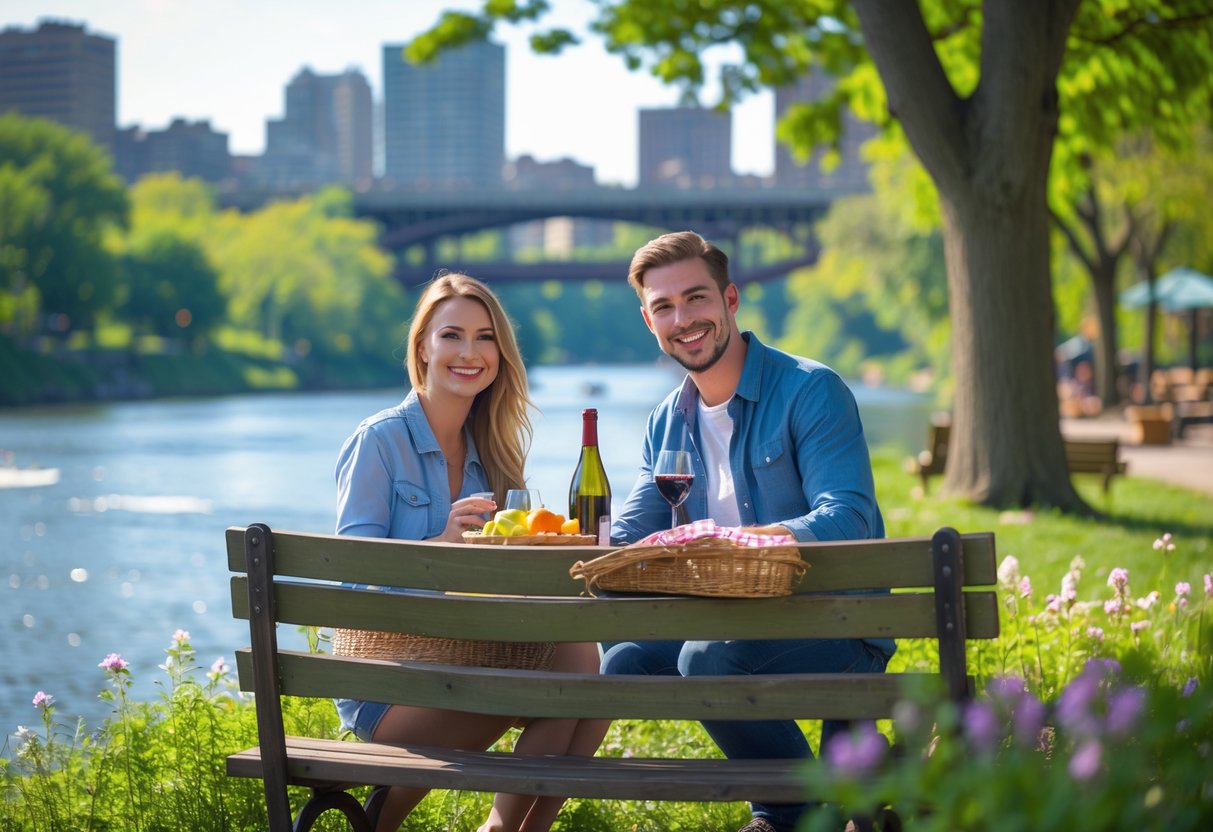 A young couple sharing a picnic on a bench near a river with a waterfall and city skyline in the background.