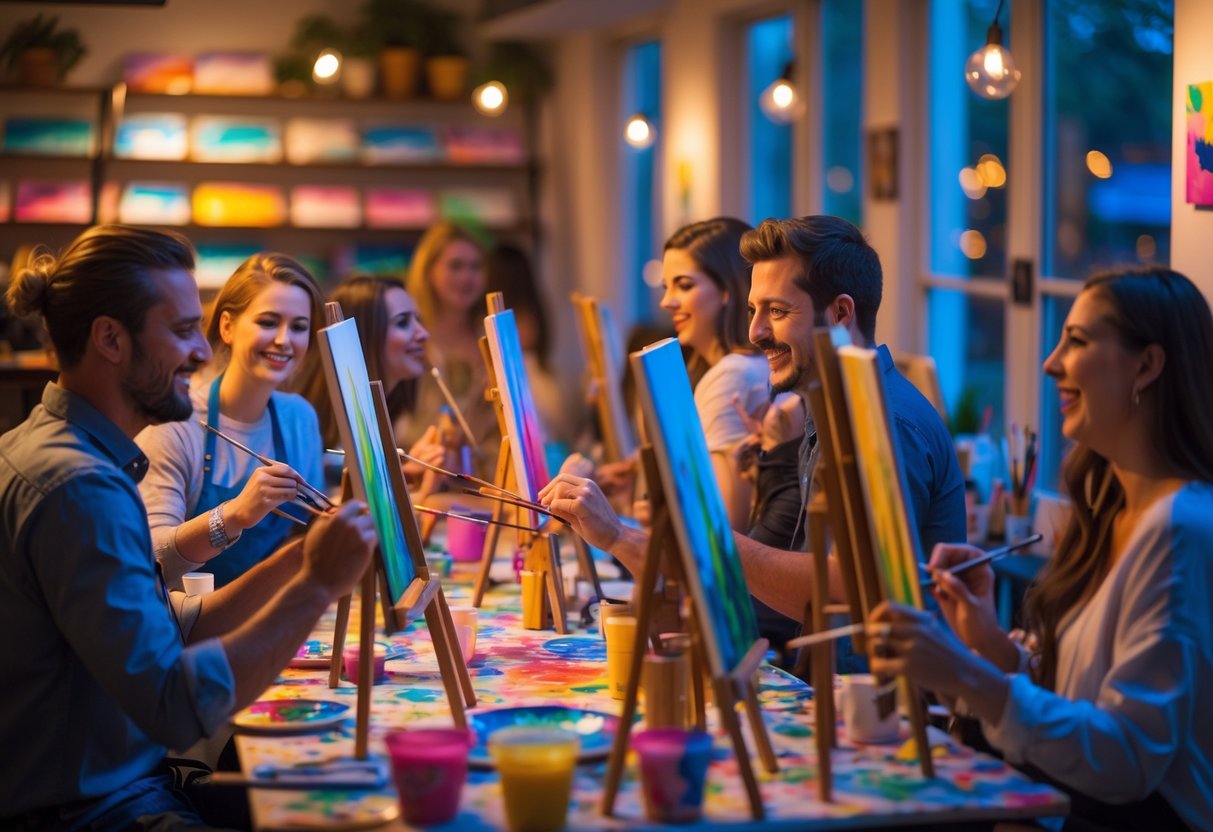 Couples painting on canvases together in a brightly lit art studio during an evening event.