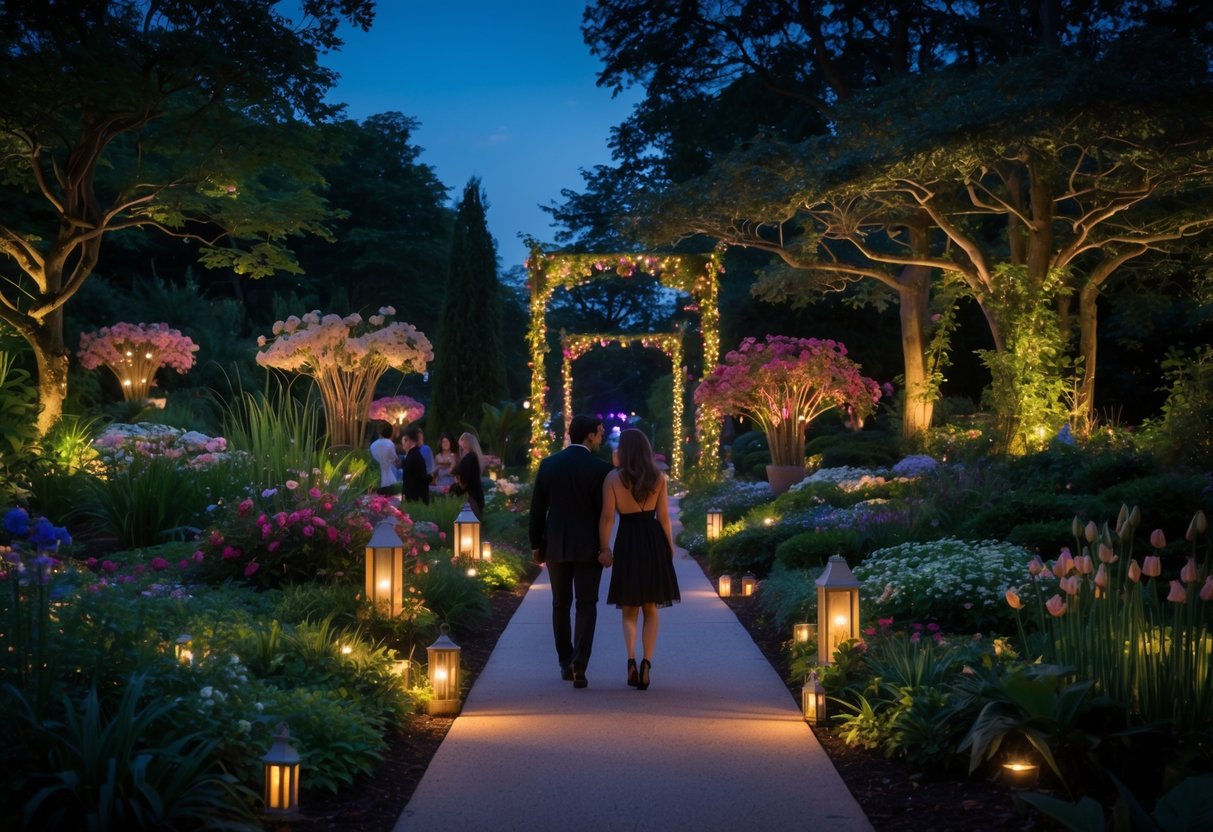Couples walking through the illuminated New York Botanical Garden at night during a special event.
