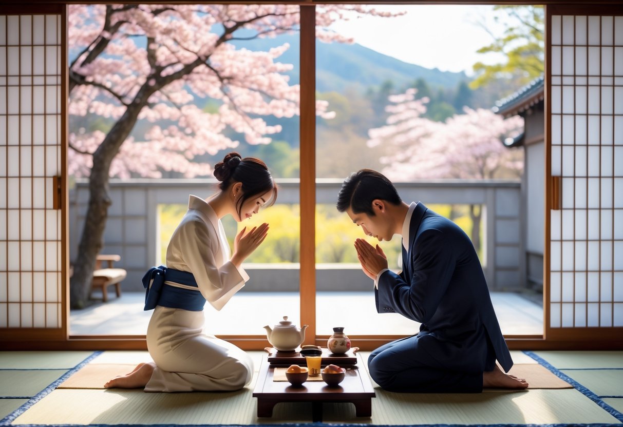 A young couple enjoying a traditional Japanese tea ceremony in a room with tatami mats and cherry blossoms outside.