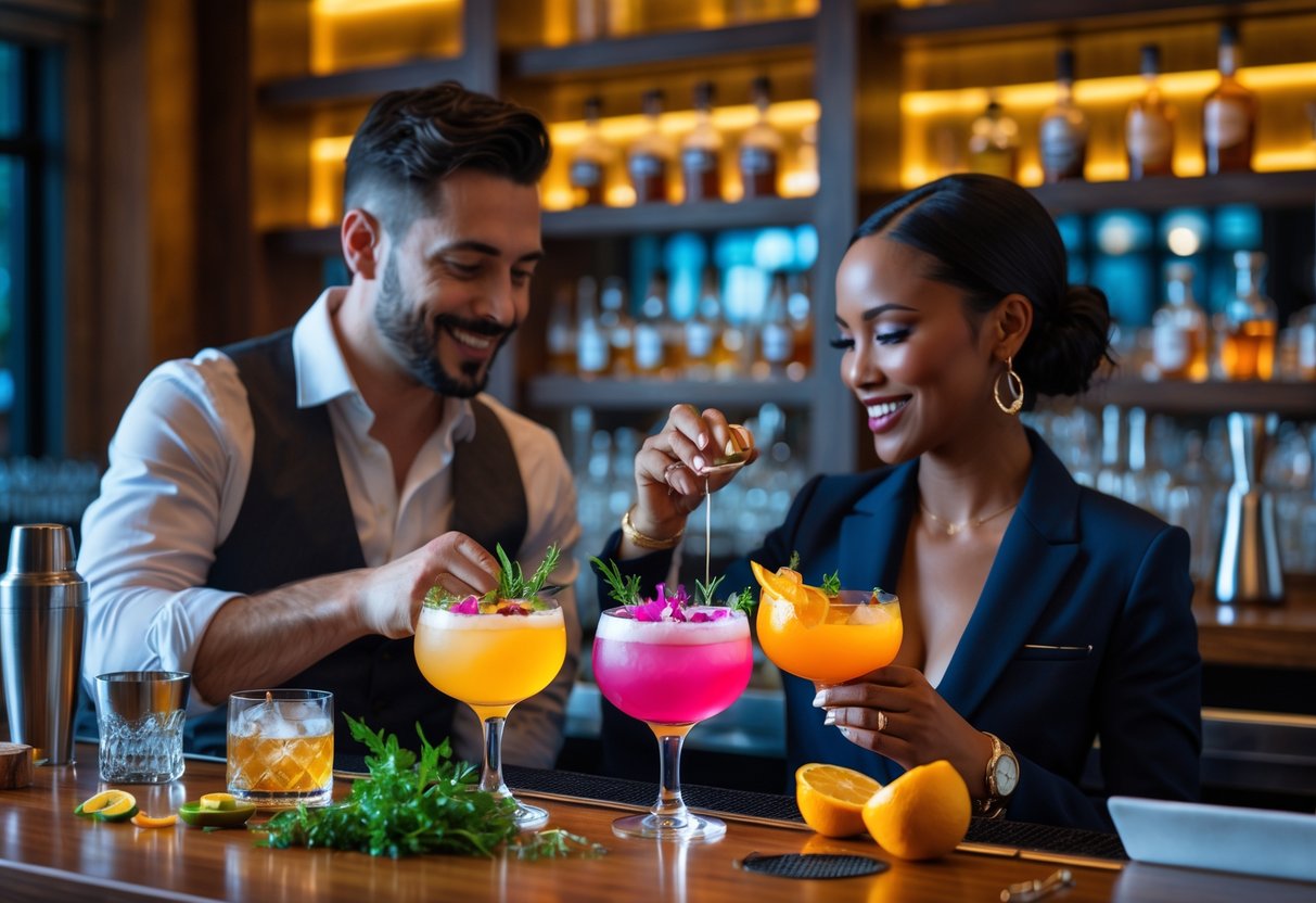 A couple enjoying craft cocktails at a modern bar with a bartender preparing drinks in the background.