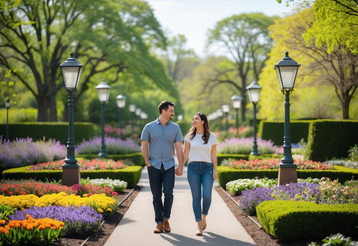 A couple walking hand-in-hand along a garden path surrounded by blooming flowers and green trees.