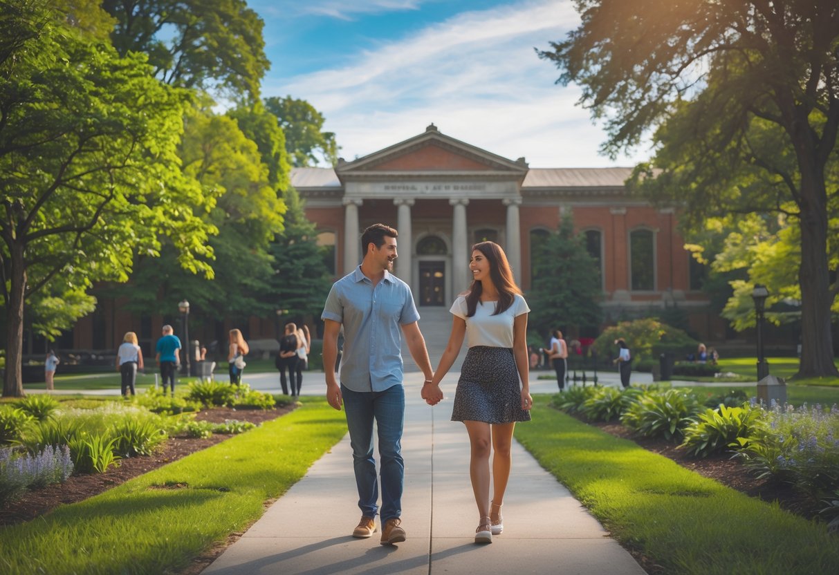A young couple walking hand-in-hand on a path near the Memorial Art Gallery surrounded by trees and gardens.