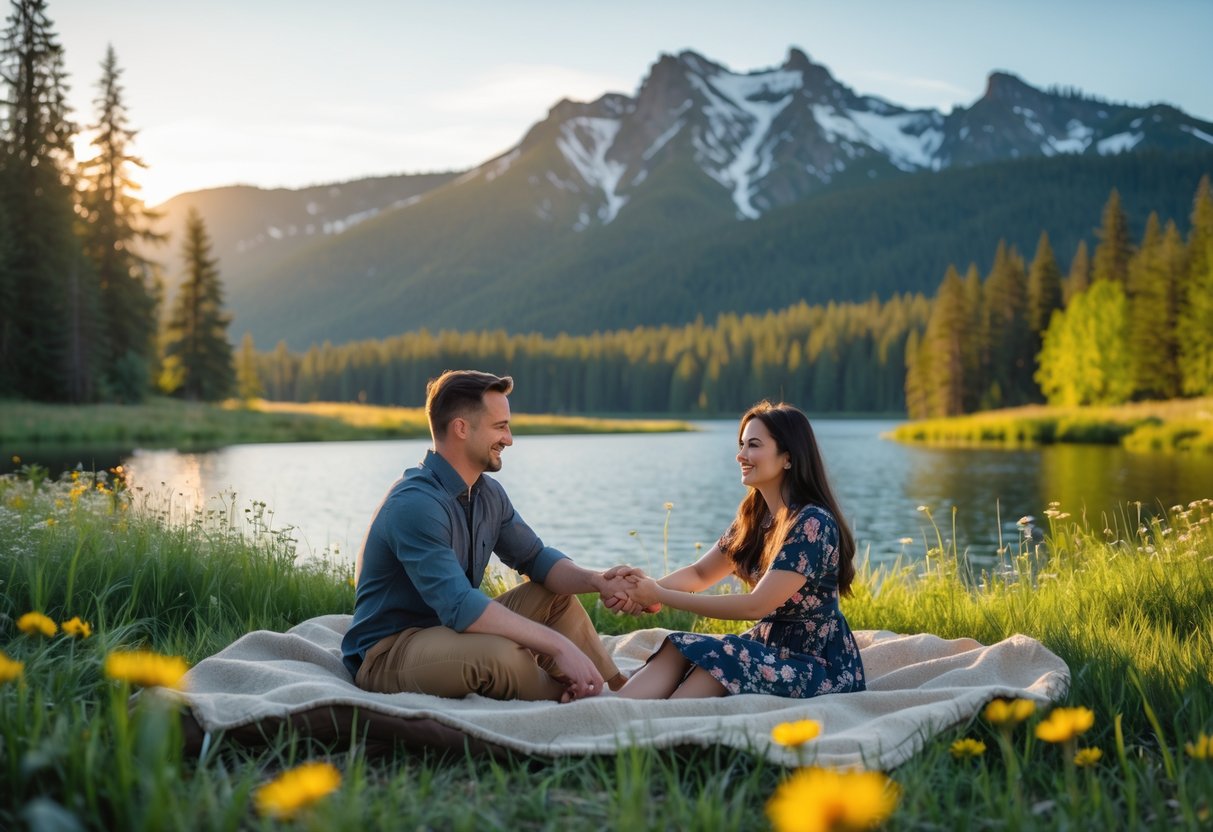 A couple sitting on a picnic blanket near a lake with mountains and forest in the background, enjoying a romantic outdoor moment.