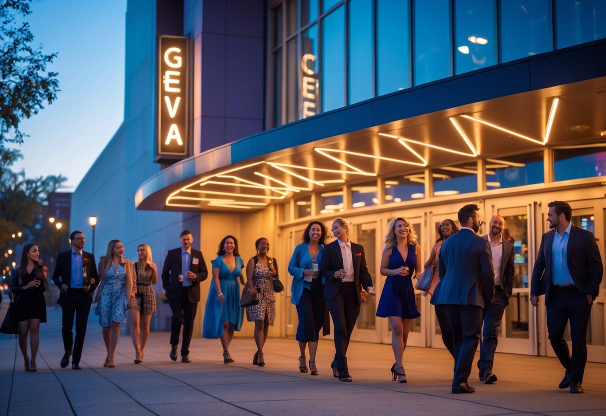 Couples and friends gathering outside a modern theater building in the evening, preparing to attend a live show.