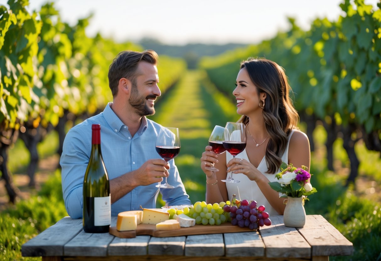 A couple enjoying wine tasting together at a vineyard with grapevines in the background.