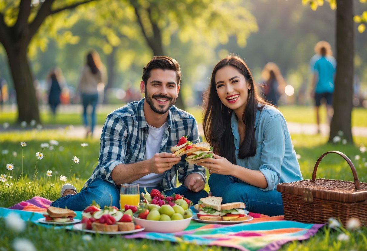A young couple enjoying a picnic with homemade snacks on a blanket in a green park.