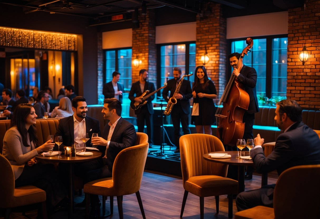 Couples enjoying a live jazz performance in a cozy lounge with warm lighting and stylish decor.