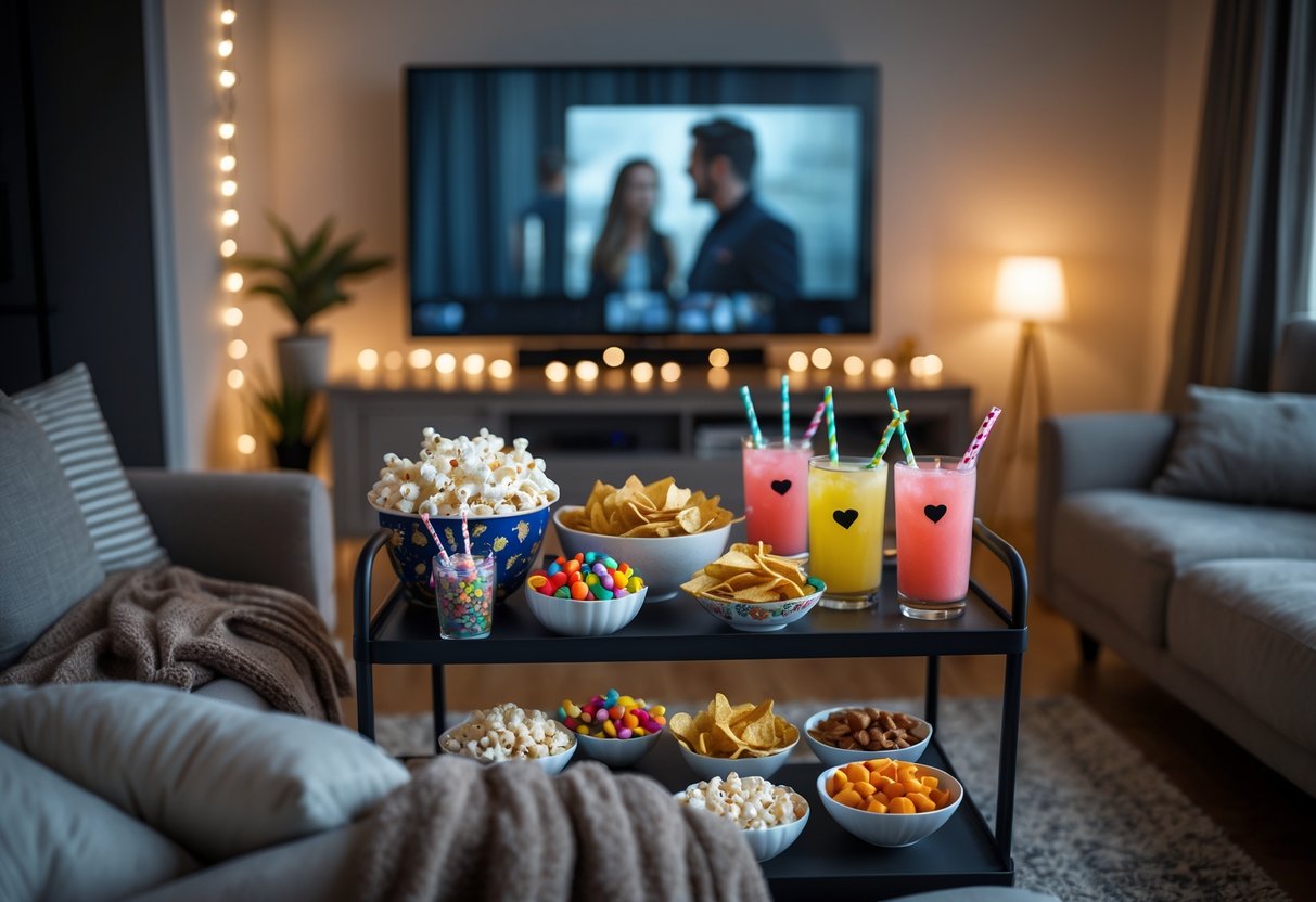 A cozy living room with a couch, a table full of snacks, and a TV for a movie night at home.