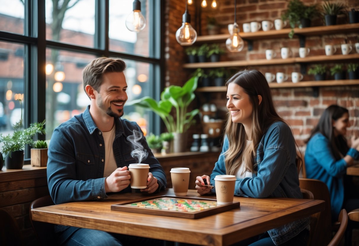 A couple sitting at a wooden table in a cozy coffee shop, drinking coffee and playing a board game together.