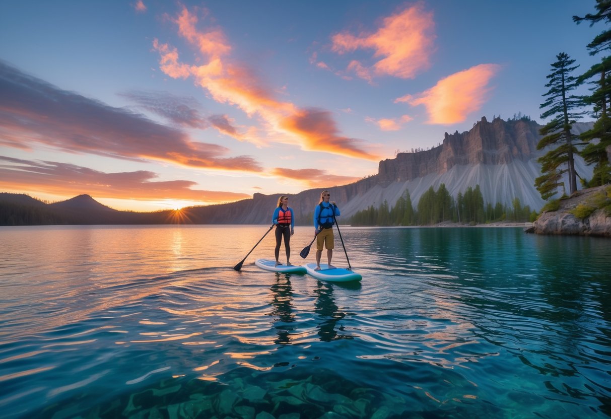A couple paddleboarding on calm blue water at sunset surrounded by cliffs and pine trees at Crater Lake.