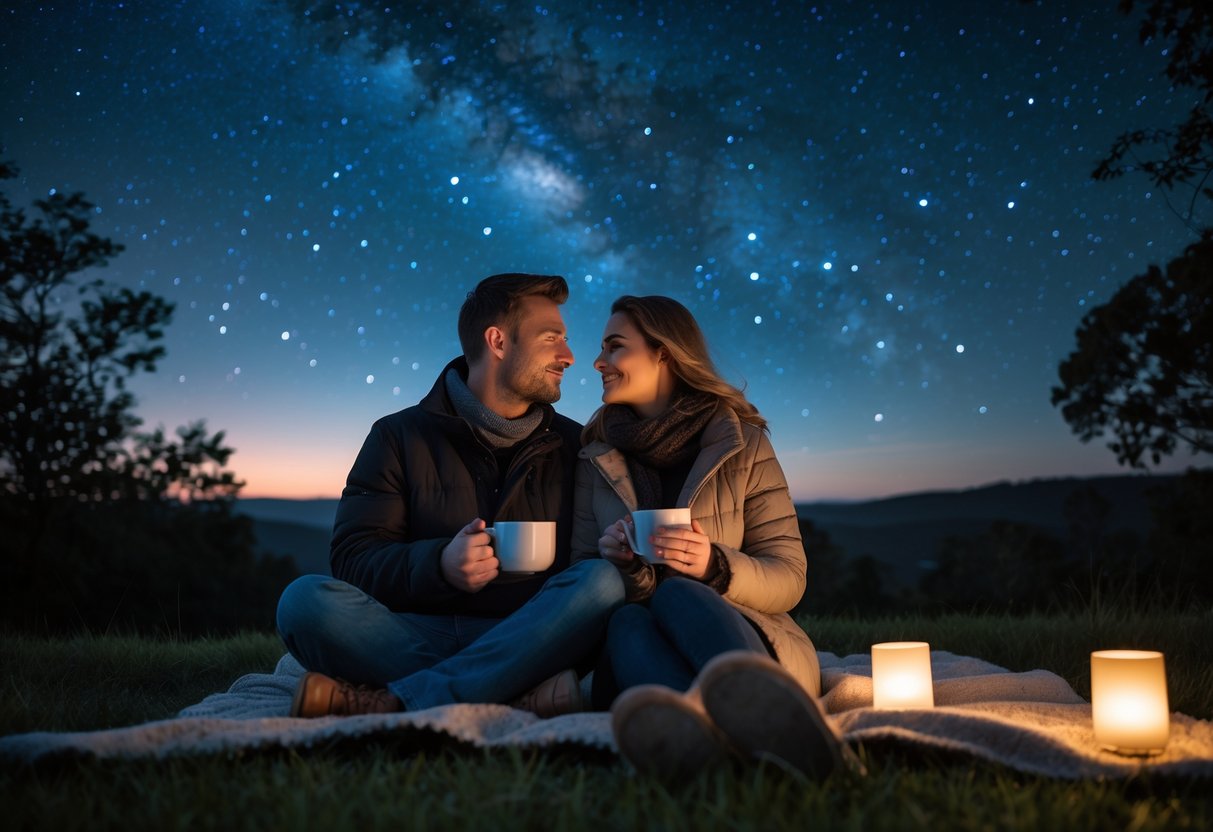A couple sitting on a blanket outdoors at night, holding hot drinks and looking up at the starry sky.