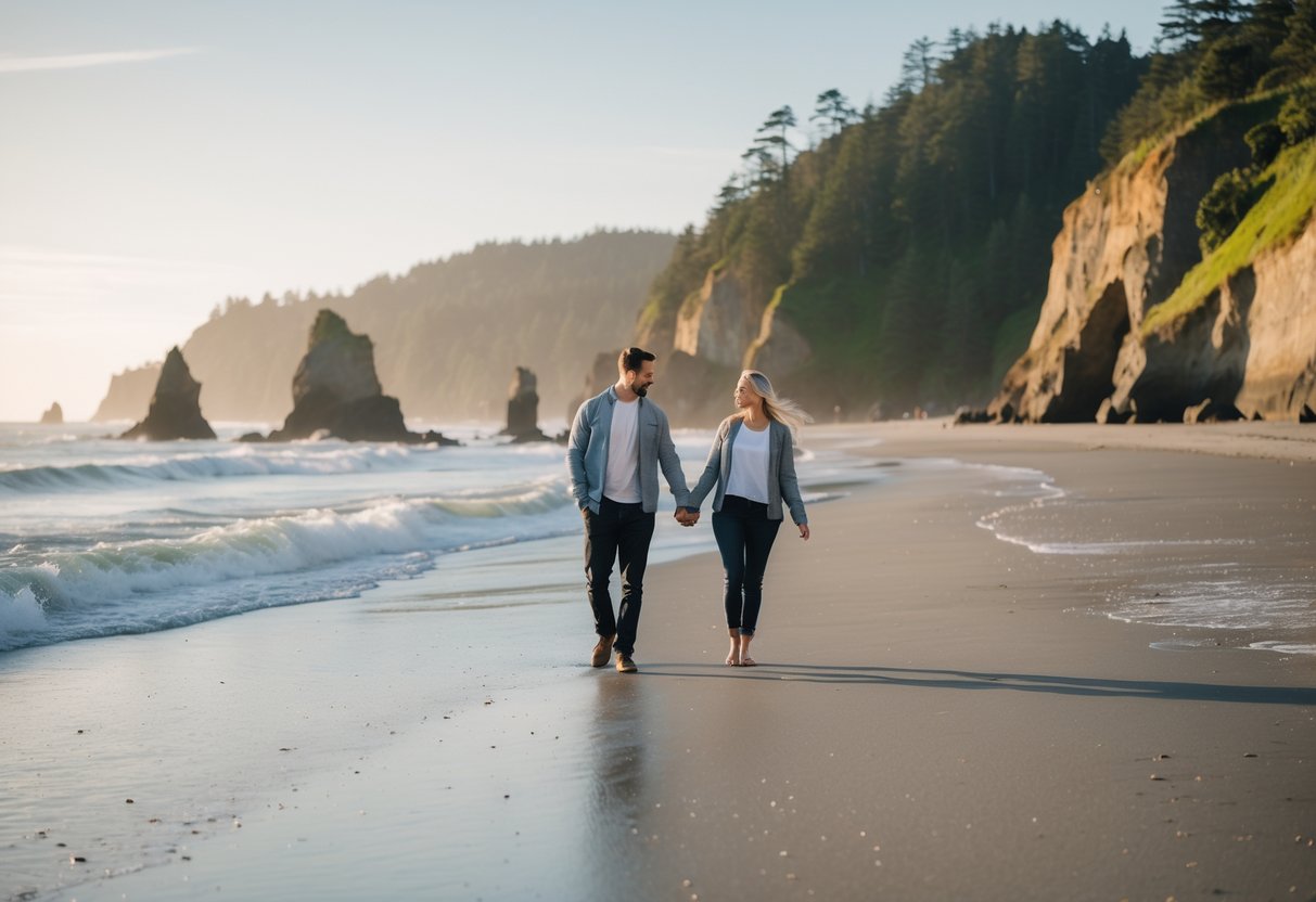 A couple walking hand-in-hand along a sandy beach with rocky formations and calm ocean waves under a clear sky on the Oregon Coast.