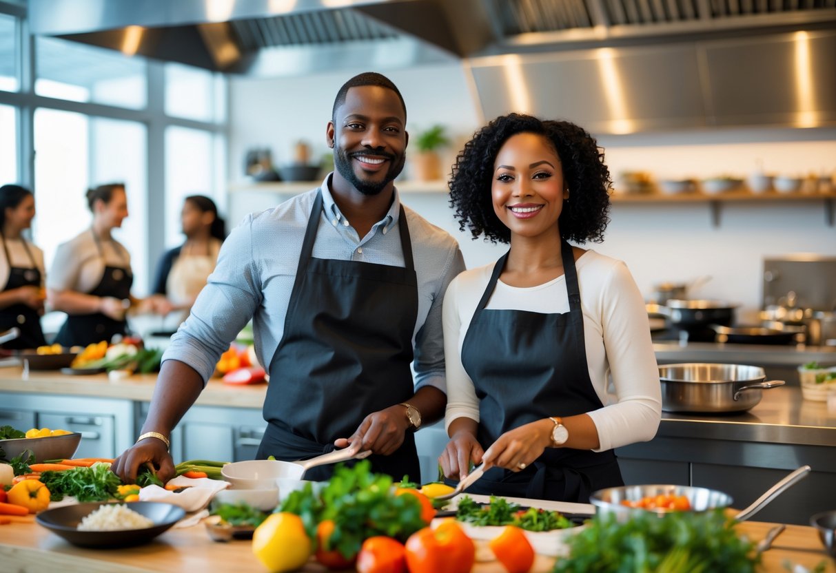 A couple cooking together in a kitchen classroom, smiling and preparing food at a counter.