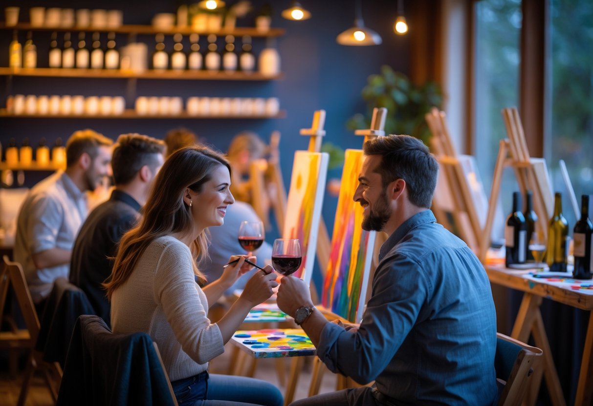 Couples painting on canvases and drinking wine together in a warmly lit art studio.
