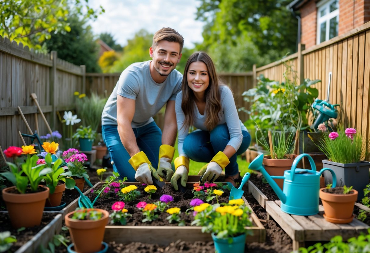 A young couple planting flowers together in a small home garden on a sunny day.