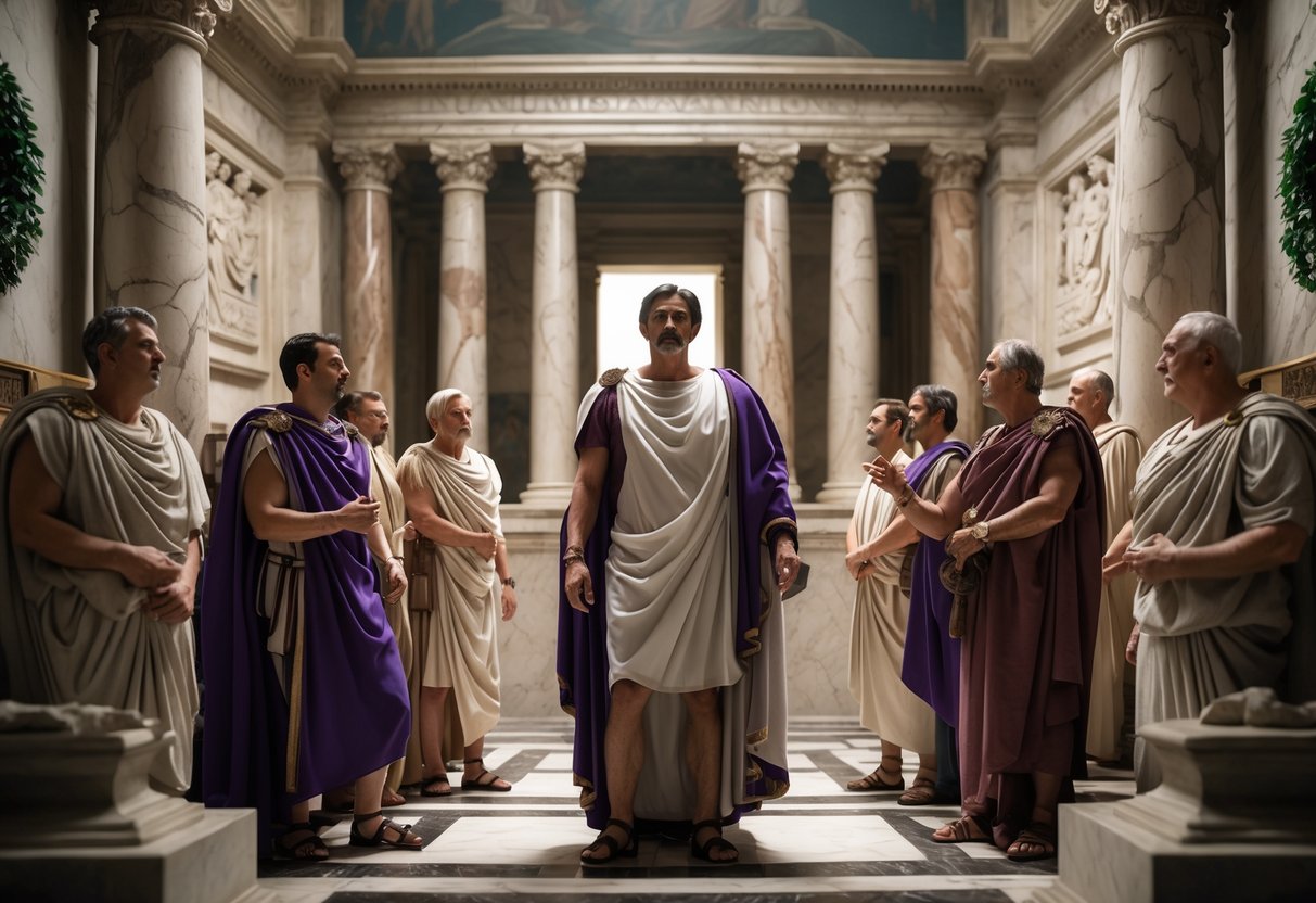 A Roman Senate chamber with Julius Caesar surrounded by senators in togas, showing a tense moment before his assassination.