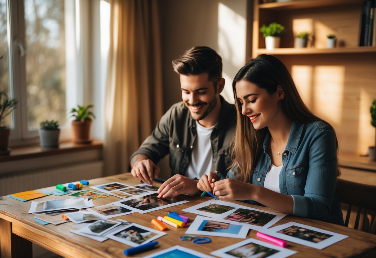 A couple sitting at a table making personalized photo albums with photos and craft supplies.