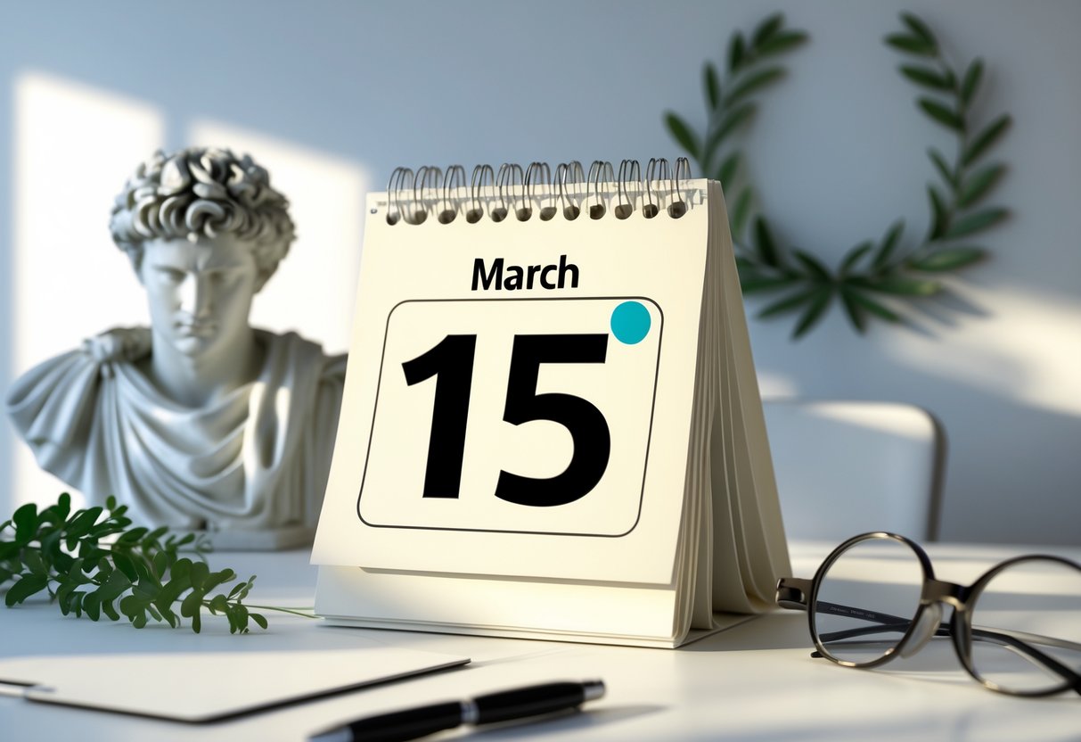 A calendar page showing March 15th with a laurel wreath and a Roman statue bust in the background on a desk with a pen and glasses.