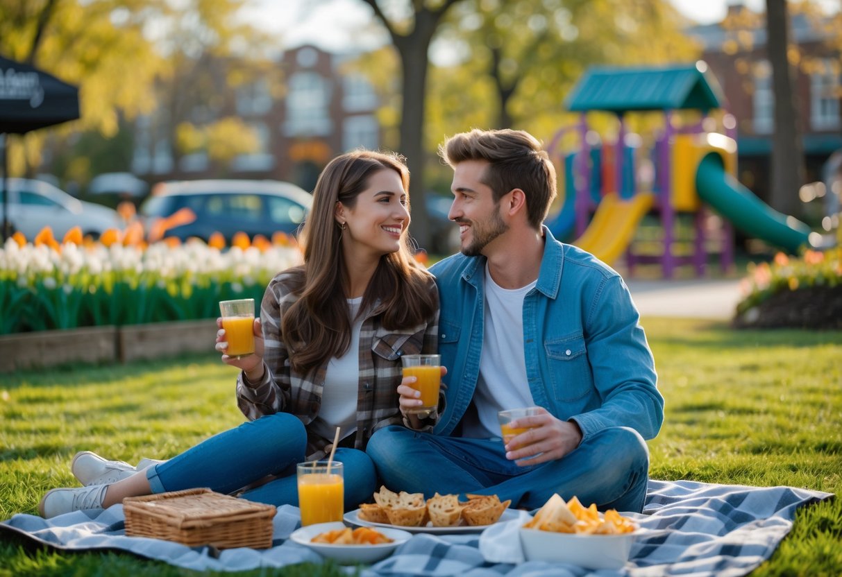A young couple sitting on a picnic blanket in a park, sharing snacks and smiling with a farmers market stall and community garden visible nearby.