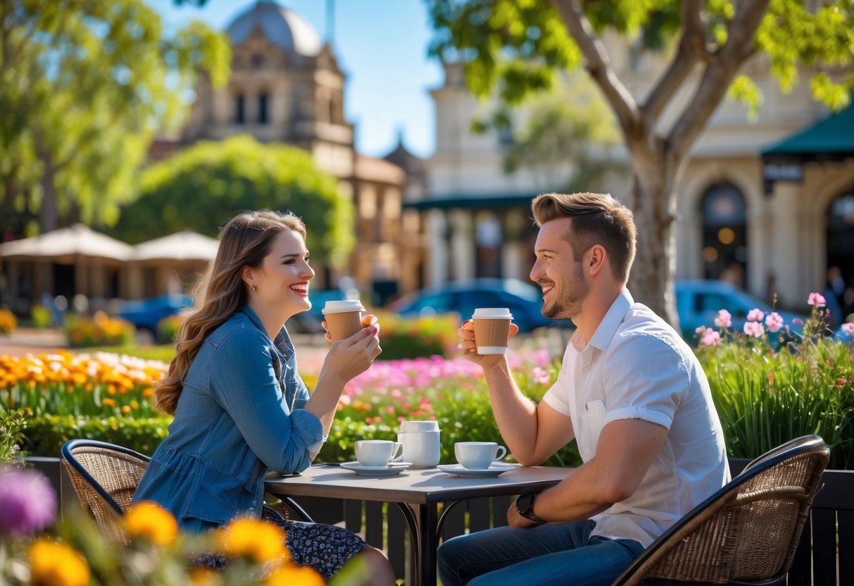 A young couple sitting at a café table outdoors, surrounded by blooming flowers and greenery, enjoying a sunny day in a city park.