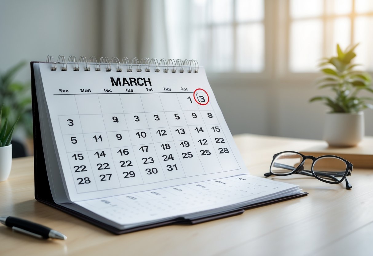 A calendar page showing the date 13 highlighted on a wooden desk with office supplies around it.