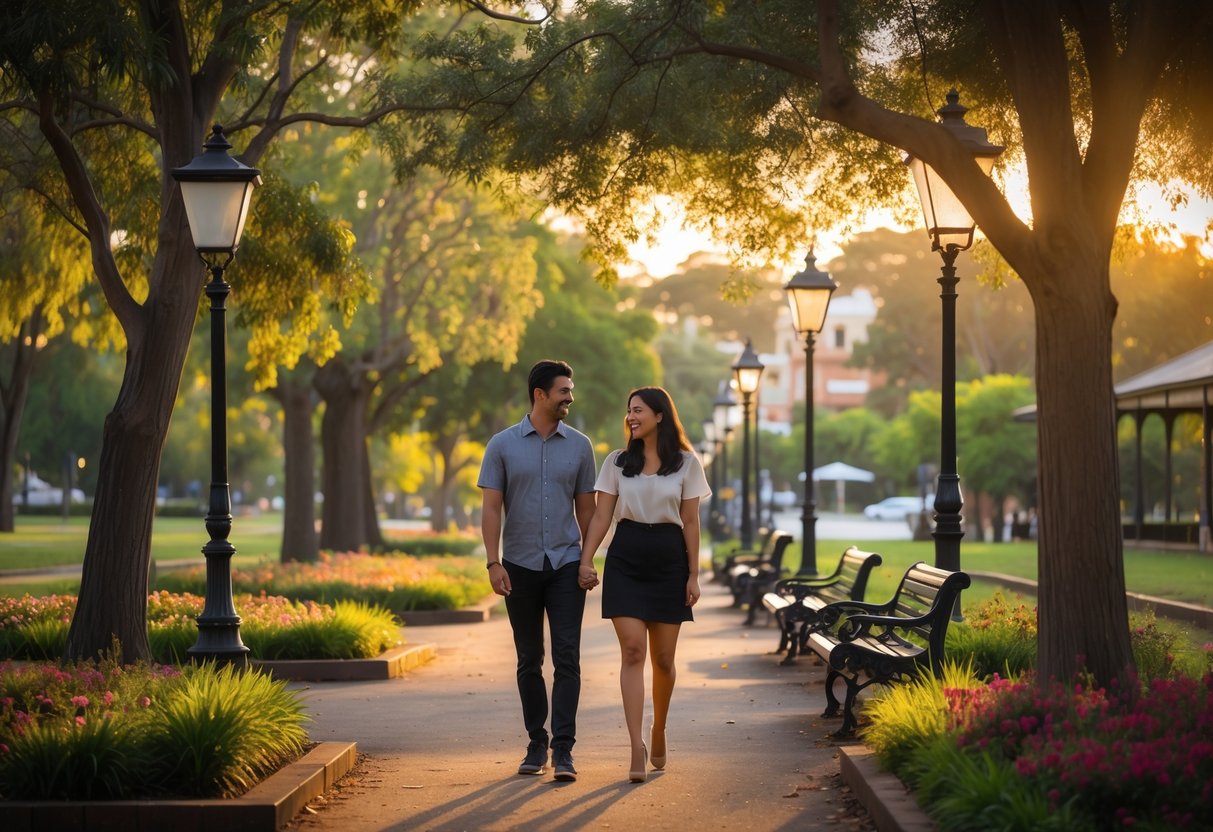 A young couple walking hand in hand along a tree-lined path in a lush park with flower beds and soft sunlight.