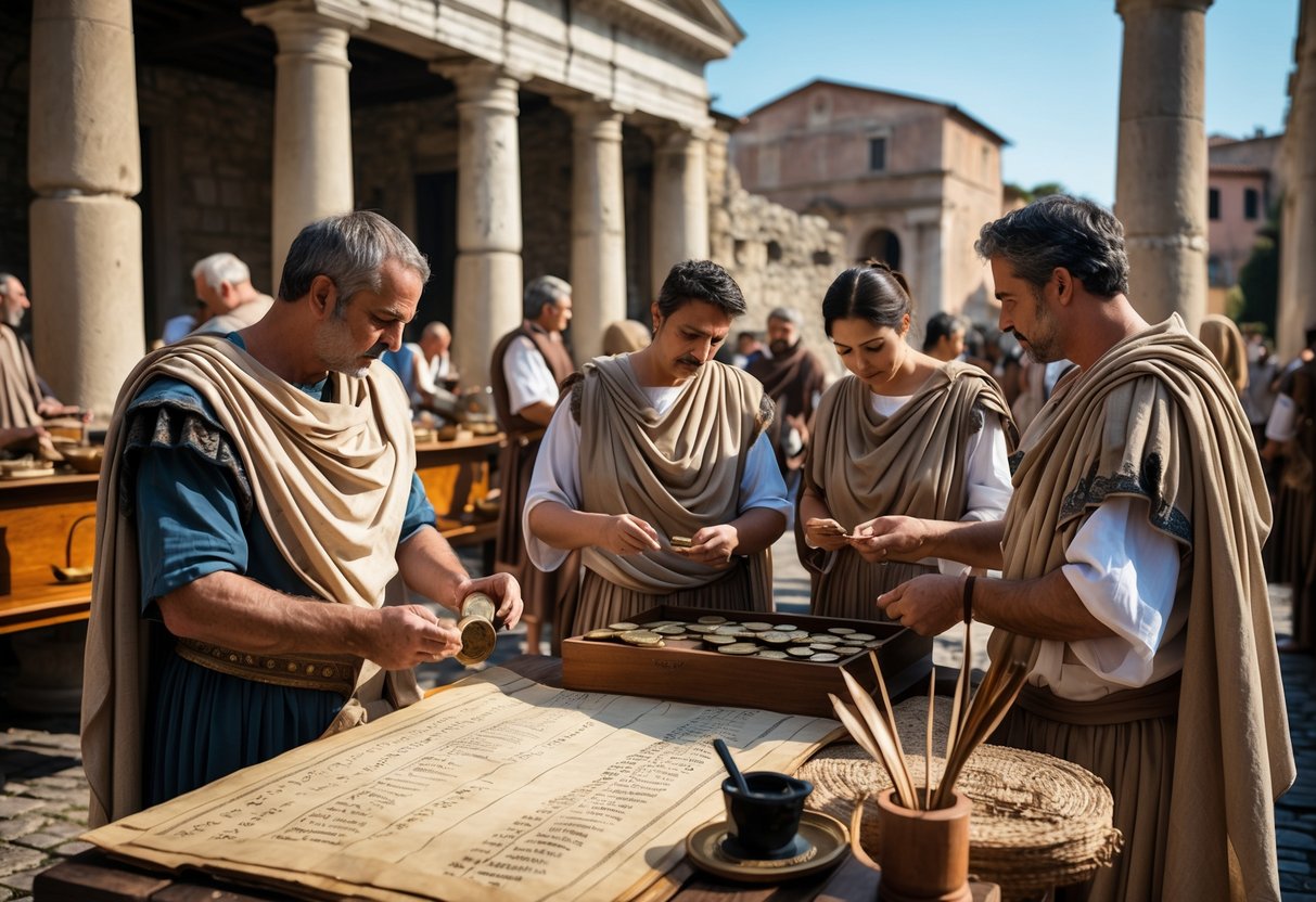 Ancient Roman citizens in togas settling debts and exchanging coins in a marketplace with Roman buildings in the background.