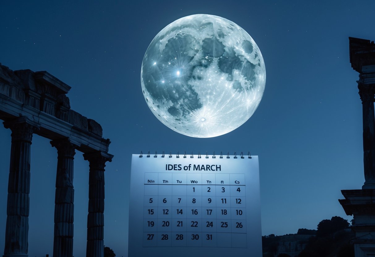 A bright full moon shining over a Roman calendar showing the 15th of March, with classical columns in the background under a clear night sky.